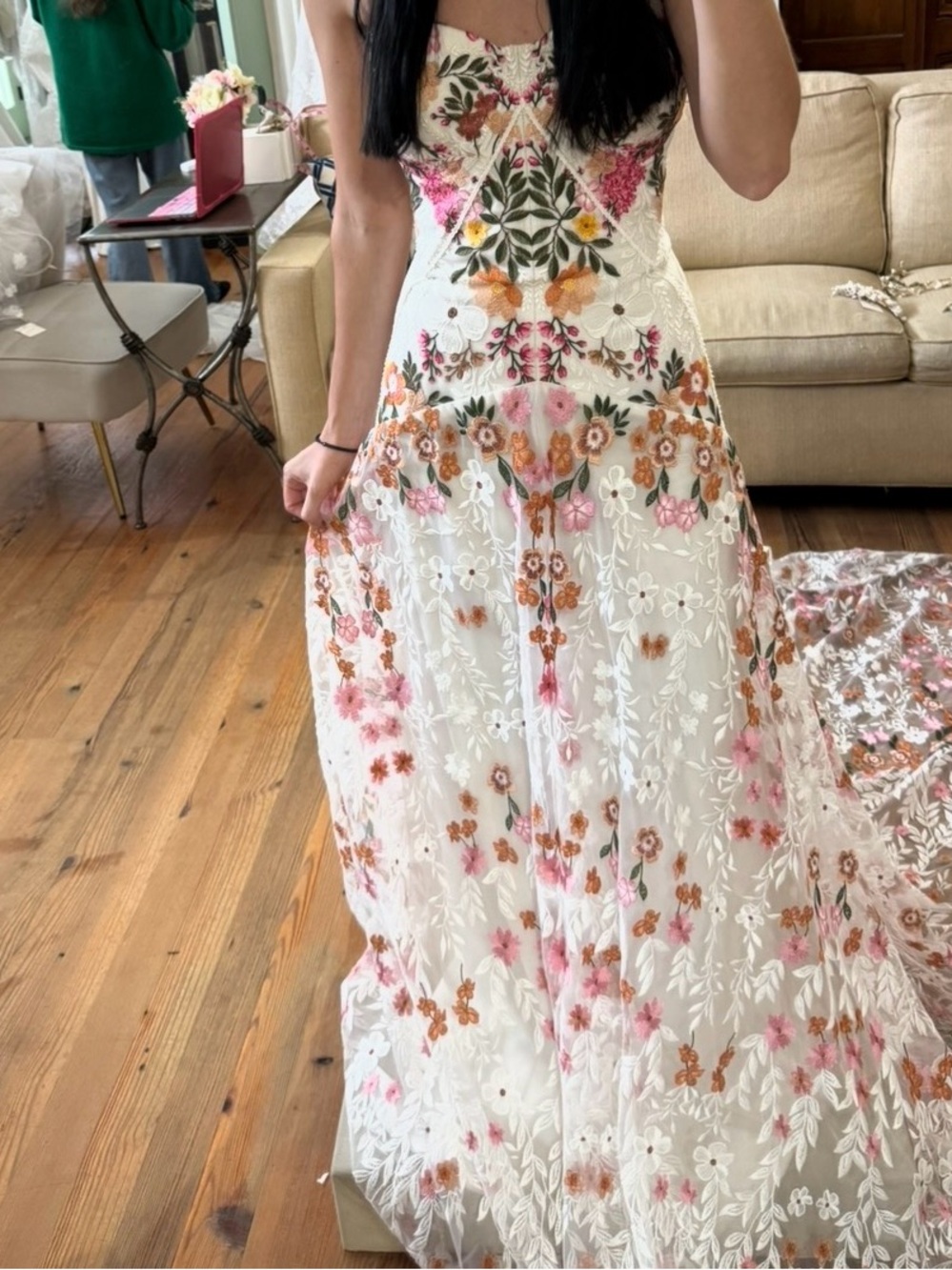 Rue De Seine White Bridal Gown with Pink, Orange & Green Floral Embroidery